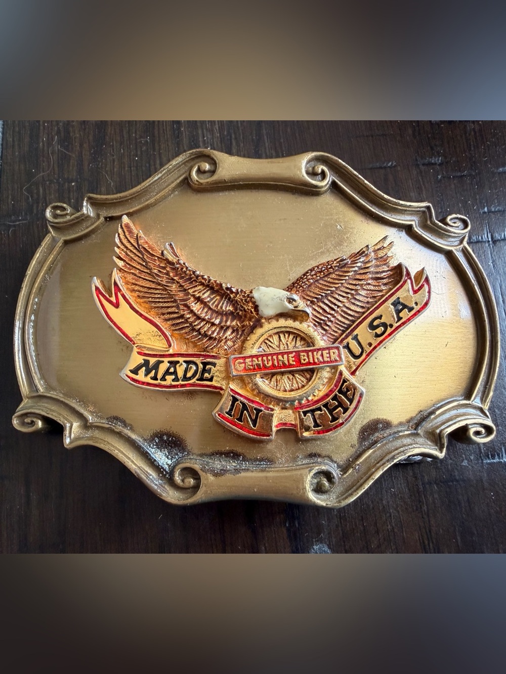 Vintage Genuine Biker Eagle Belt Buckle Gold with Red Accents